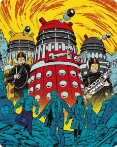 A drawn representation of Daleks Invasion Earth 2150, including three daleks and two robomen