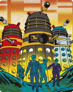 Full-colour drawn cover for Doctor Who and the Daleks, featuring three looming daleks